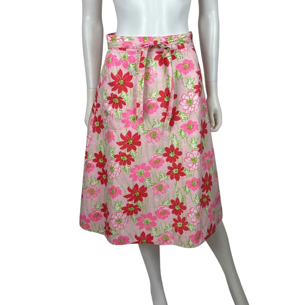 Vintage 70s Wrap Skirt Womens M Neon Pink Red Floral Print Liza by Lilly Pulitze - Picture 2 of 9